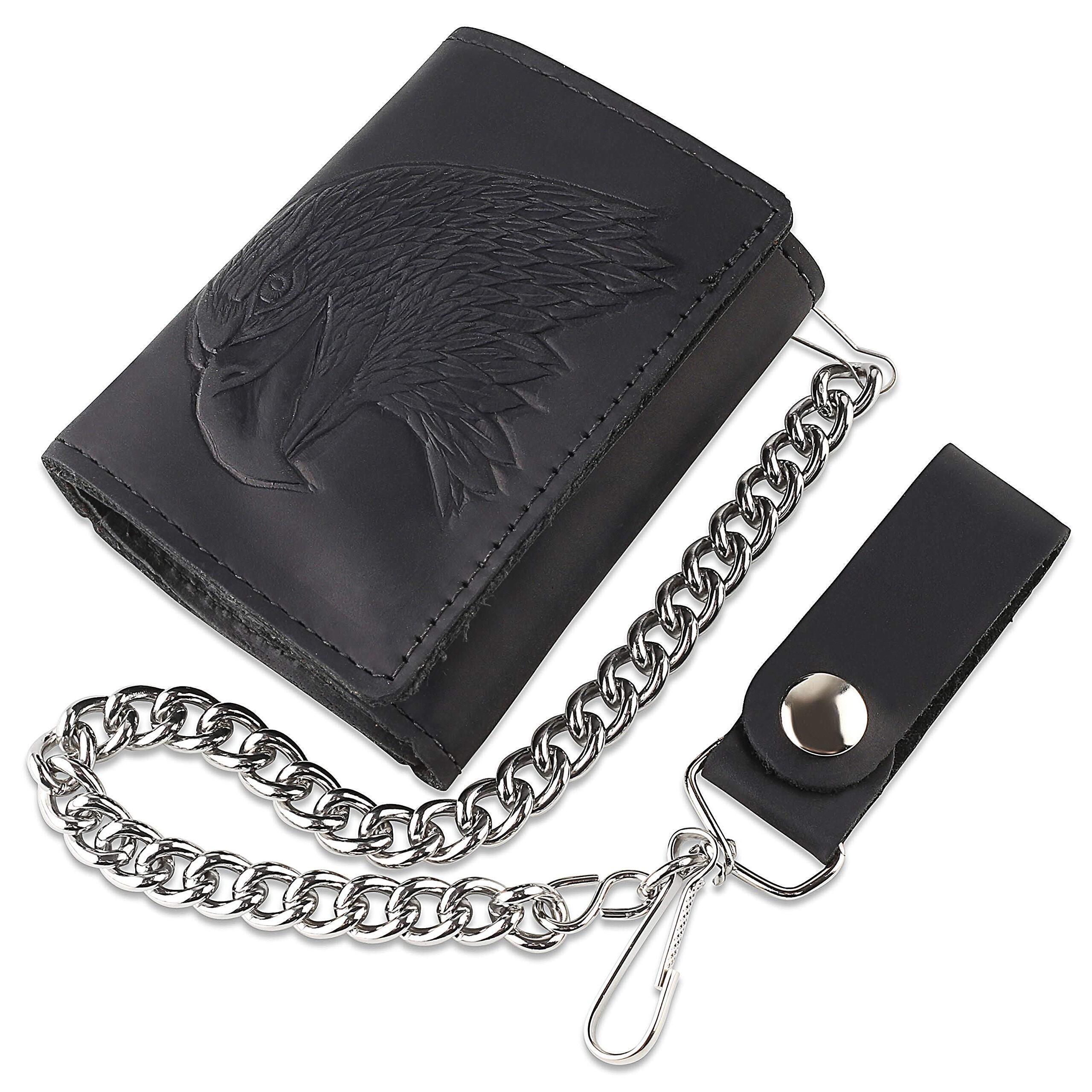 4497 Rfid Blocking 'S Tri-Fold Vintage Biker Cowhide Leather Steel Chain